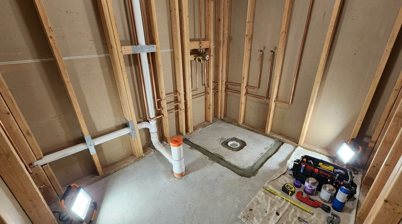 Bathroom rough-in plumbing during remodel by Johns Plumbing LLC in Downieville