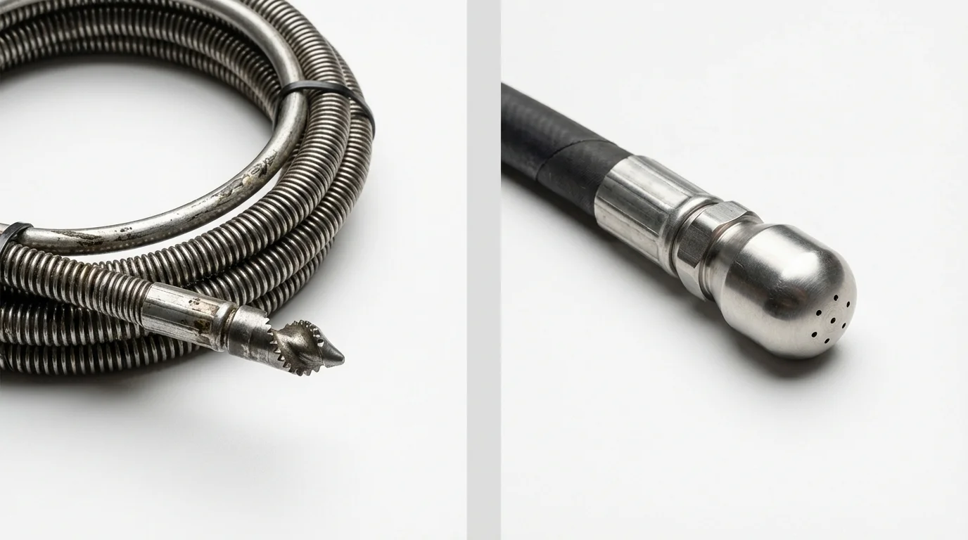 Drain snake cable and hydro jetting nozzle used for drain cleaning in Downieville, CA