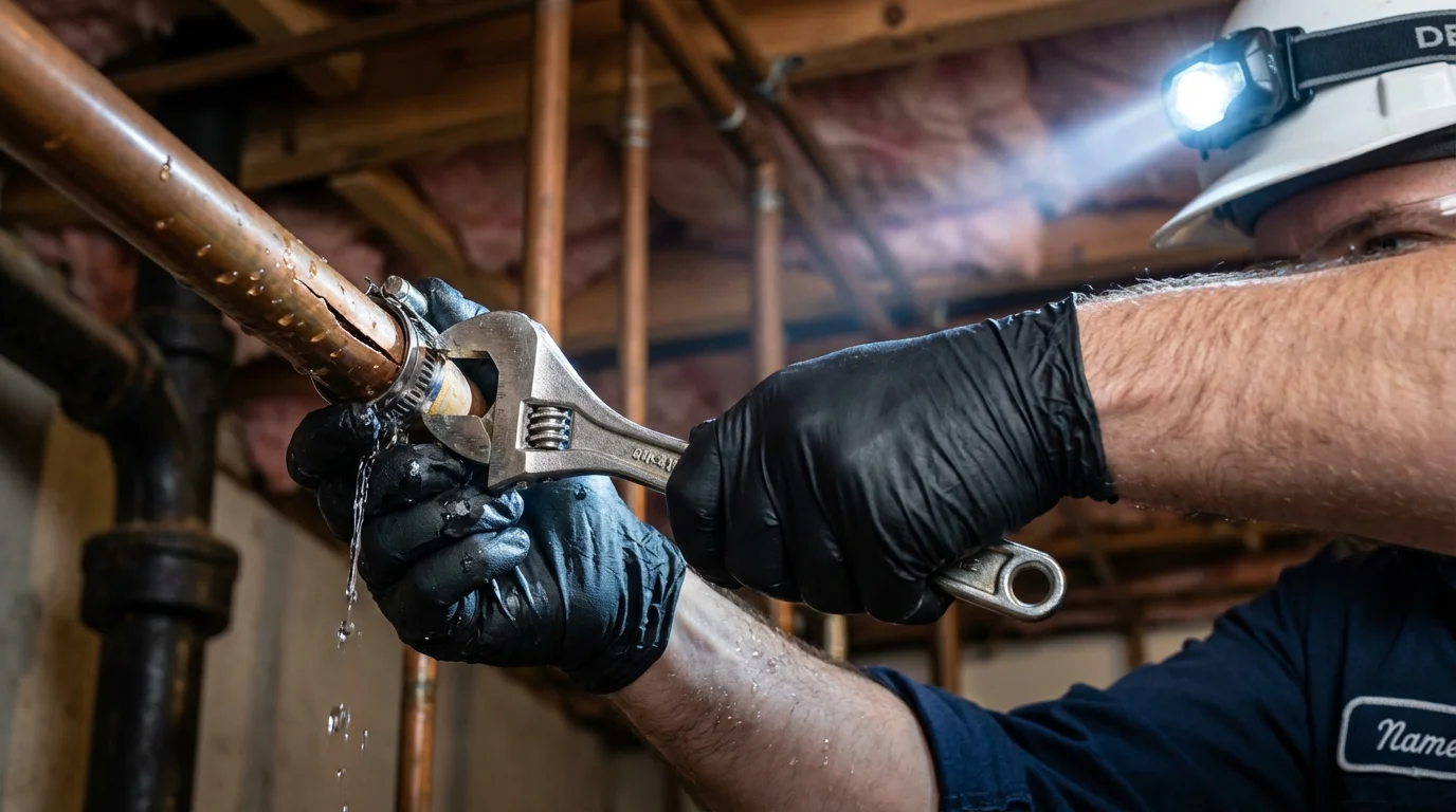 Emergency pipe clamp repair being performed by a Johns Plumbing LLC plumber in Downieville